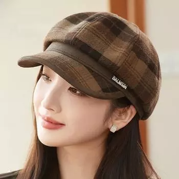Осень-зима красочная клетчатая восьмиугольная кепка женская берет британская винтажная шерстяная кепка газетчика бежевый