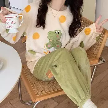 Autumn Winter Coral Velvet Pajamas Set A Class Long Sleeve Women s Flannel Pyjamas set Thicken Cartoon Casual Sleepwear homewear M