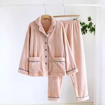 Осенне-зимняя пижама для пары с длинными рукавами, брюки из двух частей, фланелевый утолщенный теплый флисовый костюм для домашнего обихода из кораллового флиса XL розовый
