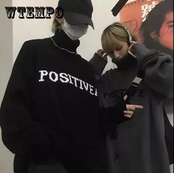 Autumn Winter Couple Turtleneck Sweater Retro Letter Warm Pullover Soft Loose Casual Sweatershirt Pullover 3XL темно серый