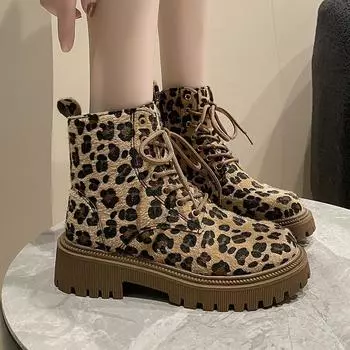 Autumn Winter Fashion Leopard Boots for Women Height-increasing Platform Boots Women Lace-up Ankle Boots Female Botas Para Mujer 35