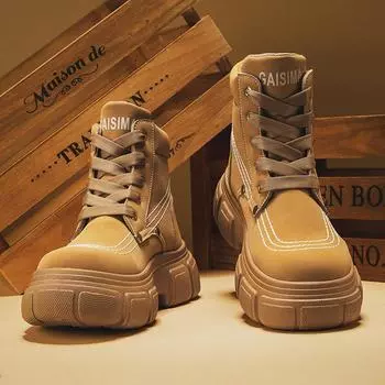 Autumn Winter Fashion Men s Yellow Boots Trendy Streetwear Leather Ankle Boots Men Tooling Shoes Chunky Lace-Up Motorcycle Boots 39