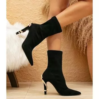Autumn Winter Faux Suede Crystal Rhinestones Black Women Ankle Boots Elegant Pointed toe Stiletto High heels Short Boots Shoes 35