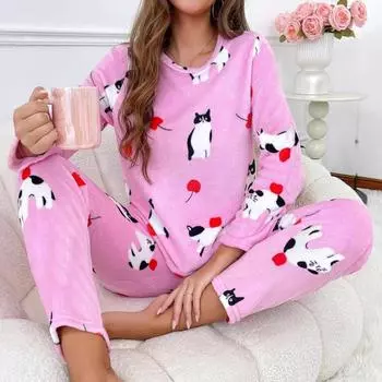 autumn Winter Flannel Sleepwear Thick Round Neck Long Sleeve Women s 2 Pieces Set cartoon Print Home Suit for Women pajamas set S