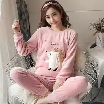 Autumn Winter Flannel Soft Warm Women s Pajamas Round Neck Long Sleeve Women Two Piece Set Cute Printing Pajama Suit M розовый