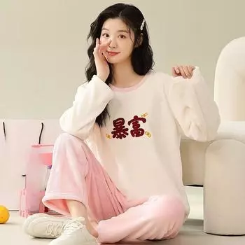 Autumn Winter Flannel Warm Women s Pajamas sets Long Sleeve Women sleepwear letter print Two Piece Set Pyjamas Coral velvet pijama homewear M зелёный