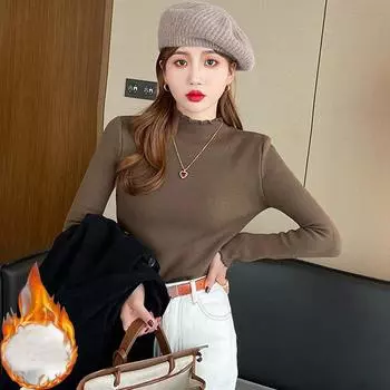 Autumn, Winter,fleece sweaters Women Long Sleeve sweater, Thick, Warm, Velvet, Half Turtleneck, Bottoming Pullover, Casual top, one size белый