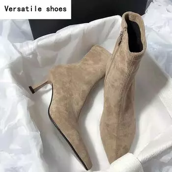 Осенне-зимние женские флисовые сапоги-носки, модные туфли-челси на молнии, женские сексуальные короткие сапоги на тонком каблуке 35