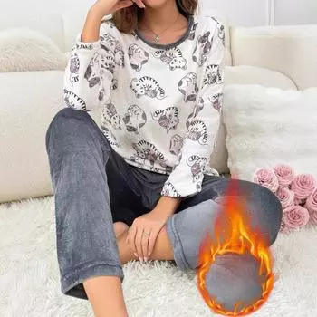 Autumn Winter Girl s Sleepwear Sets Women s Sweet cartoon cat gray Long Sleeve Pajamas Set Warm Coral Fleece gray Pyjamas Home Clothes S серый
