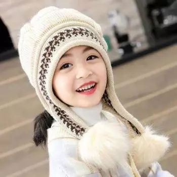 Autumn Winter Kids Cute Girls Princess Hats Plush Warm Knitted Ear Protectors Cap with Ball