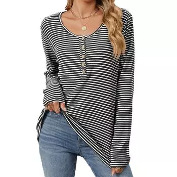 Осенне-зимний трикотаж Базовые рубашки с круглым вырезом на пуговицах Свободный крой Пуловер с длинными рукавами Полосатая футболка Повседневный топ для женщин S