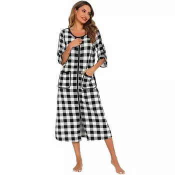Autumn Winter Lady Zip up Sleepdres Loose Nightgowns Spa Bathrobe Crewneck Soft Striped Sleepshirt Loungewear Sleepwear with Pockets M
