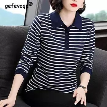 Autumn Winter Lapel Pure Cotton Striped Print T-shirt Lady Long Sleeve Loose Casual Pullover Top Women Simple All-match Tees L