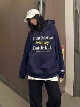 Осень-зима с принтом букв в американском стиле, модная женская толстовка из флиса с капюшоном, литературный повседневный универсальный простой пуловер M темно-синий