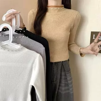 Осень-зима Длинный рукав Водолазка Вязаный свитер Женский Повседневный пуловер джемпер тонкий Топы Корейская мода Женщины кружевные свитера one size чёрный