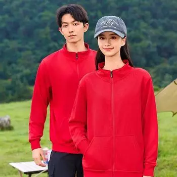 Autumn Winter Looped Solid Color Stand Collar Hoodie for Men and Women, Fashionable Casual Sweater, Long Sleeve Tshirt Outdoor Top, Soft Comfortable S красный