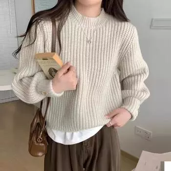 Осень-зима свободный вязаный пуловер женский свитер корейская мода повседневный О-образный вырез длинный рукав трикотажные топы однотонные короткие свитера 1405 One Size розовый