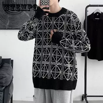 Осень-зима Мужские свитера с воротником-стойкой Винтажный дизайн Харадзюку Свободные студенческие теплые свитера с длинным рукавом Хип-поп Геометрические джемперы M чёрный