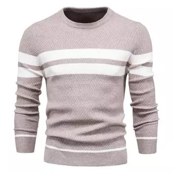 Autumn Winter Men s Casual Striped Men s Sweater Pullover Color Blocked Round Neck Men s Knitted Sweater S бежевый