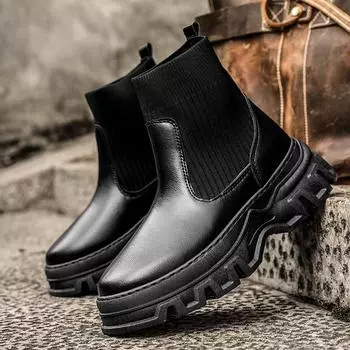 Autumn Winter Men s Chelsea Boots Fashion Designer Socks Boots Men Black Leather Ankle Boots Street High top Tooling Shoes Men 39