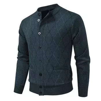 Autumn Winter Men s Fleece Knit Cardigan Fashion Argyle Solid Color O-Neck Warm Smart Casual Slim Fit Knitted Sweatercoat Men XL темно-синий