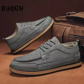 Autumn Winter Men s Leather Casual Shoes Retro Outdoor Sport Walking Skate Shoes Comfortable Lace-up Designer Loafers Non-slip 39 чёрный