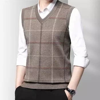 Autumn Winter Men s Thickened Casual Sweater Tank Top Plaid Print Elastic Soft Men s V-neck Vest S темно-синий