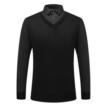Autumn Winter Men Slim Fit Warm Elastic Sweater Outdoors Fashion Flip Collar Knitted Tops New Solid Fake Two Piece Pullover Men M чёрный
