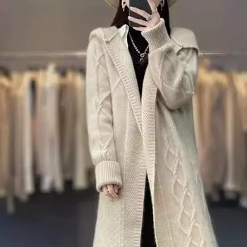 Autumn Winter Merino Wool Women s Cardigan Long Sleeve Sweater Coat Loose Warm Cashmere Knitwear Fashion Female Long Coat XS