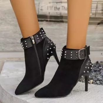 Осень/зима Новые ботинки Заклепки Высокие каблуки Сексуальные Стройнящие Модные ботинки Острый носок Каблук-шпилька Стройные Элегантные Женские Короткие Ботинки 36