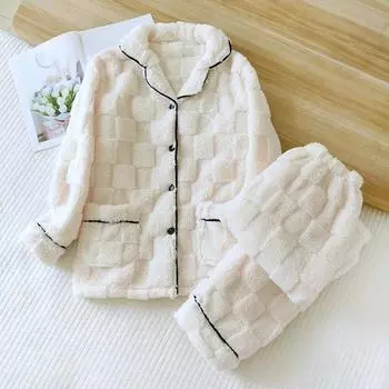 Autumn/Winter New Couple Sleepwear Set Flannel Thickened Long Sleeve Pants for Men and Women Coral Fur Home Fur M