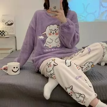 Autumn Winter New Flannel Lounge Sets Womens Cute Sheep Printing Princess Home Wear Round Neck Long Sleeve Women s Two Piece Set M