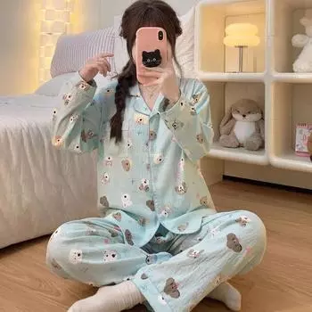 Autumn Winter New Long Sleeve Women s Pajamas Set Warm Korean Casual Dog Print Sleepwear Women s Sweet Cute Pajamas Set M бежевый