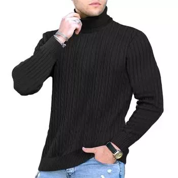 Autumn Winter New Men s Jacquard Sweater Striped Turtleneck Basic Style Casual Slim Fit Knitwear Male Soft Knitted Pullover S чёрный