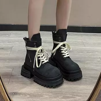 autumn Winter New Women s Ankle Boots New Designer Lace-up 2024 High Quality Outdoors Solid Color Ladies Boots Botines De Mujer 35 чёрный