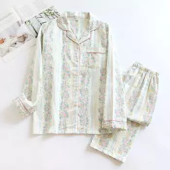 Осенне-зимний пижамный комплект, женские брюки с длинным рукавом, 100% хлопок, цветочный принт, комплект из 2 предметов, женская пижама, мягкая домашняя одежда M