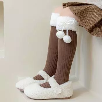 Autumn&Winter Plush Hosiery Long Tube Sock Bow Socks Breathable Lamb Wool Stocking Girls