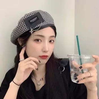 Autumn Winter PU Leather British Style Plaid Houndstooth Painter Hat Korean Style Hat Women Berets белый/чёрный