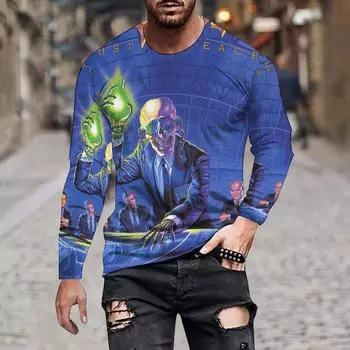 Autumn/Winter Round Neck Long Sleeve Men s/Women s Loose Multi-Color Contrast Color Illustration Irregular Print Casual T-Shirt S