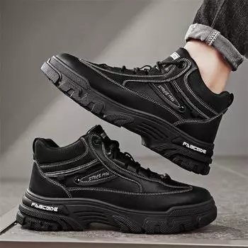 Autumn Winter Shoes for Men Leather Casual Shoes Fashion High Tops Hiking Shoes Outdoor Cool Lace-up Ankle Boots 39 чёрный