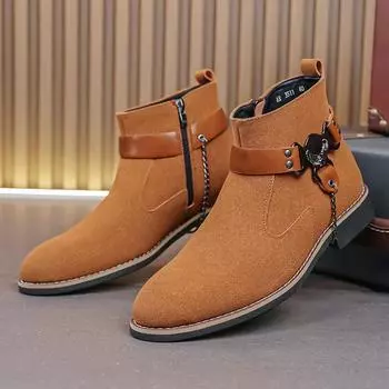 Autumn Winter Side Zipper Men Shoes Retro Mid Top Casual Walking Boots Fashion Comfortable Male Shoes Light Trendy Male Boot 38 чёрный