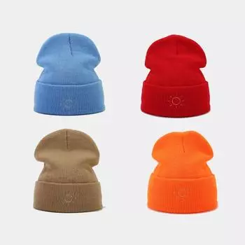 Осень-зима простая вышивка солнца модная шапка с подвернутым краем ворсовая мужская женская уличная индивидуальная простая вязаная шапка из пряжи One size чёрный