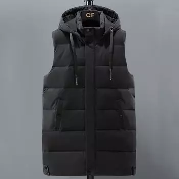 Осень-зима безрукавка парка мужские черные куртки повседневные теплые толстые длинные жилеты с капюшоном XL чёрный