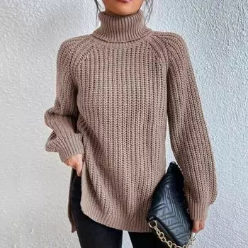 Autumn Winter Soft Knit Fashion Raglan Long Sleeve Turtleneck Split Sweater Casual Warm Solid Color Medium Length Pullover XS
