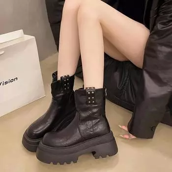 Autumn Winter Solid Color New Boots for Woman Non-slip 2024 High Quality Outdoors Fashion Female Ankle Boots Botines Mujer 35 чёрный