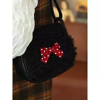 Сумка квадратная из овечьей шерсти, на осень и зиму, универсальная, на каждый день, сумка через плечо, женская, с бантом, симпатичная, плюшевая сумка