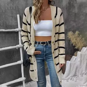 Autumn Winter Striped Loose Cardigan Sweater Women s Casual Versatile Sweater Top S абрикосовый