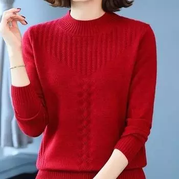 Autumn Winter Sweater Women s Autumn and Winter Loose Western Style Thickened Middle-aged Mother Knitted Bottoming Shirt Half-high Collar All-match XS