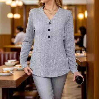 Autumn Winter T-shirt Women s Long Sleeve Knitted Fried Dough Twists Fashion Solid T-shirt Women S серый