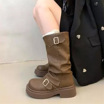 Autumn Winter Thick High Heels Women Mid Calf Boots Hot Sale Gothic Motorcycles Boots Woman Fashion Buckle Comfy Walking Boots 35 чёрный